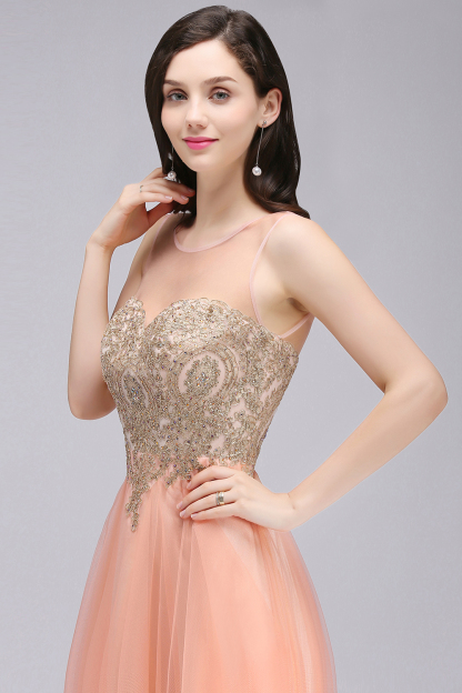 A-line Open Back Sleeveless Appliques Tulle Bridesmaid Dresses
