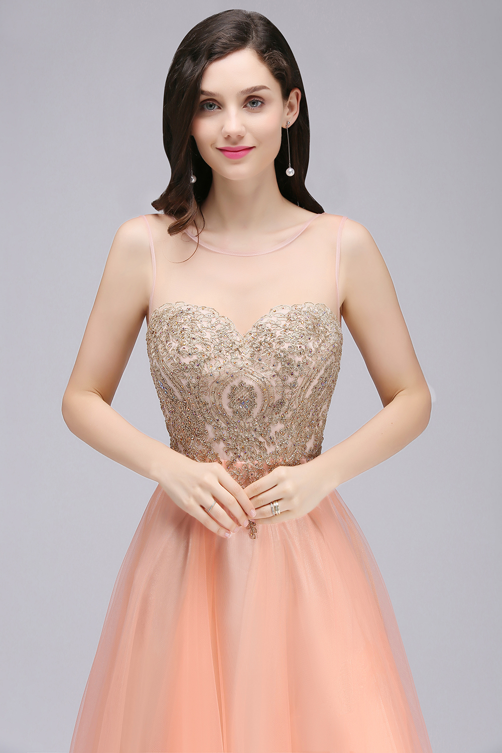 A-line Open Back Sleeveless Appliques Tulle Bridesmaid Dresses