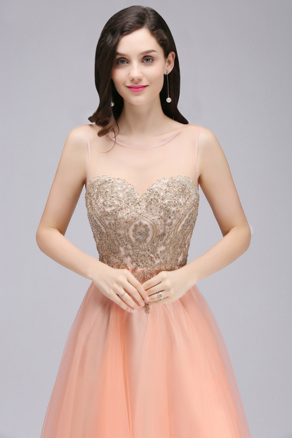 A-line Open Back Sleeveless Appliques Tulle Bridesmaid Dresses