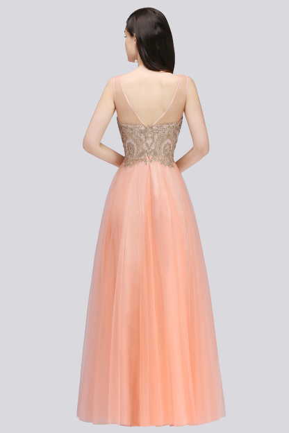 A-line Open Back Sleeveless Appliques Tulle Bridesmaid Dresses
