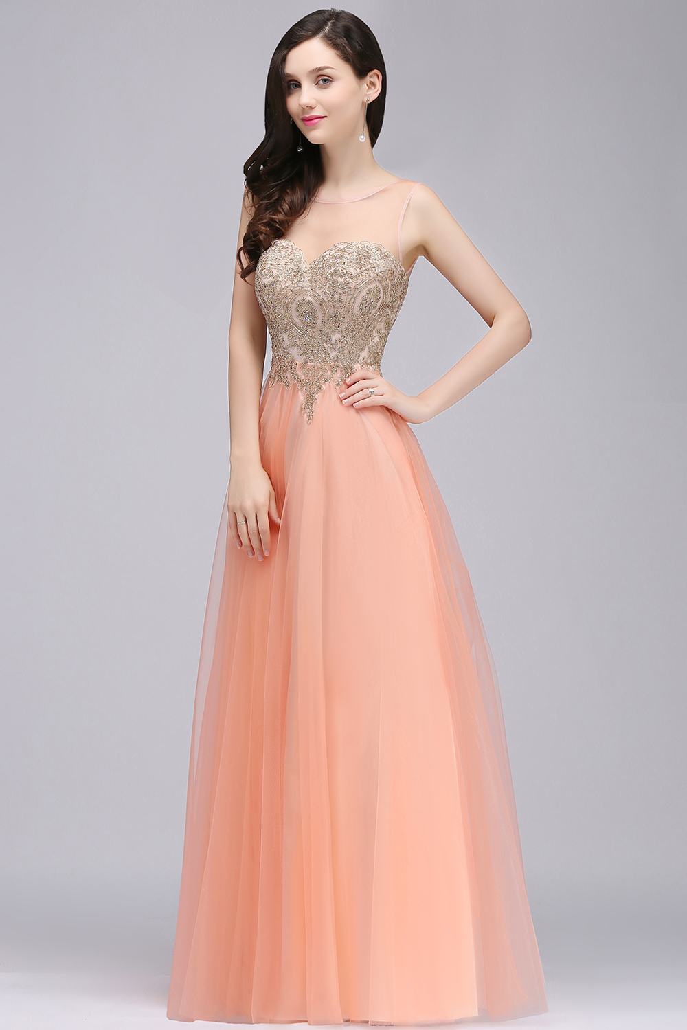 A-line Open Back Sleeveless Appliques Tulle Bridesmaid Dresses