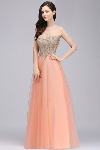 A-line Open Back Sleeveless Appliques Tulle Bridesmaid Dresses