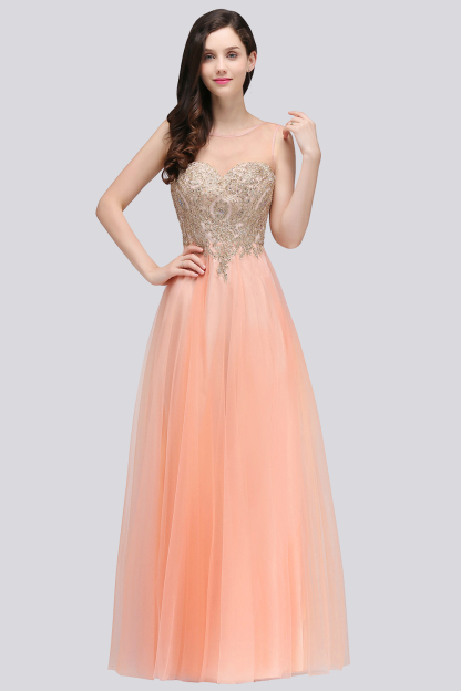 A-line Open Back Sleeveless Appliques Tulle Bridesmaid Dresses