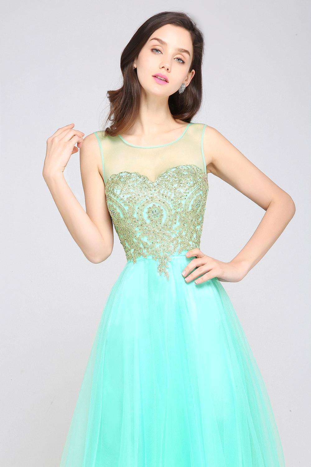A-line Open Back Sleeveless Appliques Tulle Bridesmaid Dresses