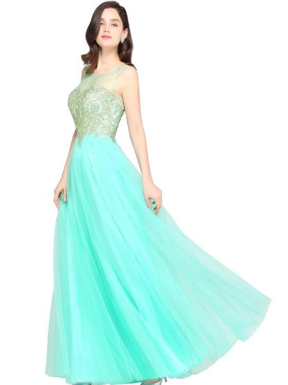A-line Open Back Sleeveless Appliques Tulle Bridesmaid Dresses