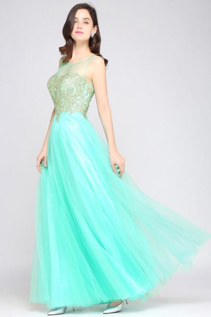 A-line Open Back Sleeveless Appliques Tulle Bridesmaid Dresses