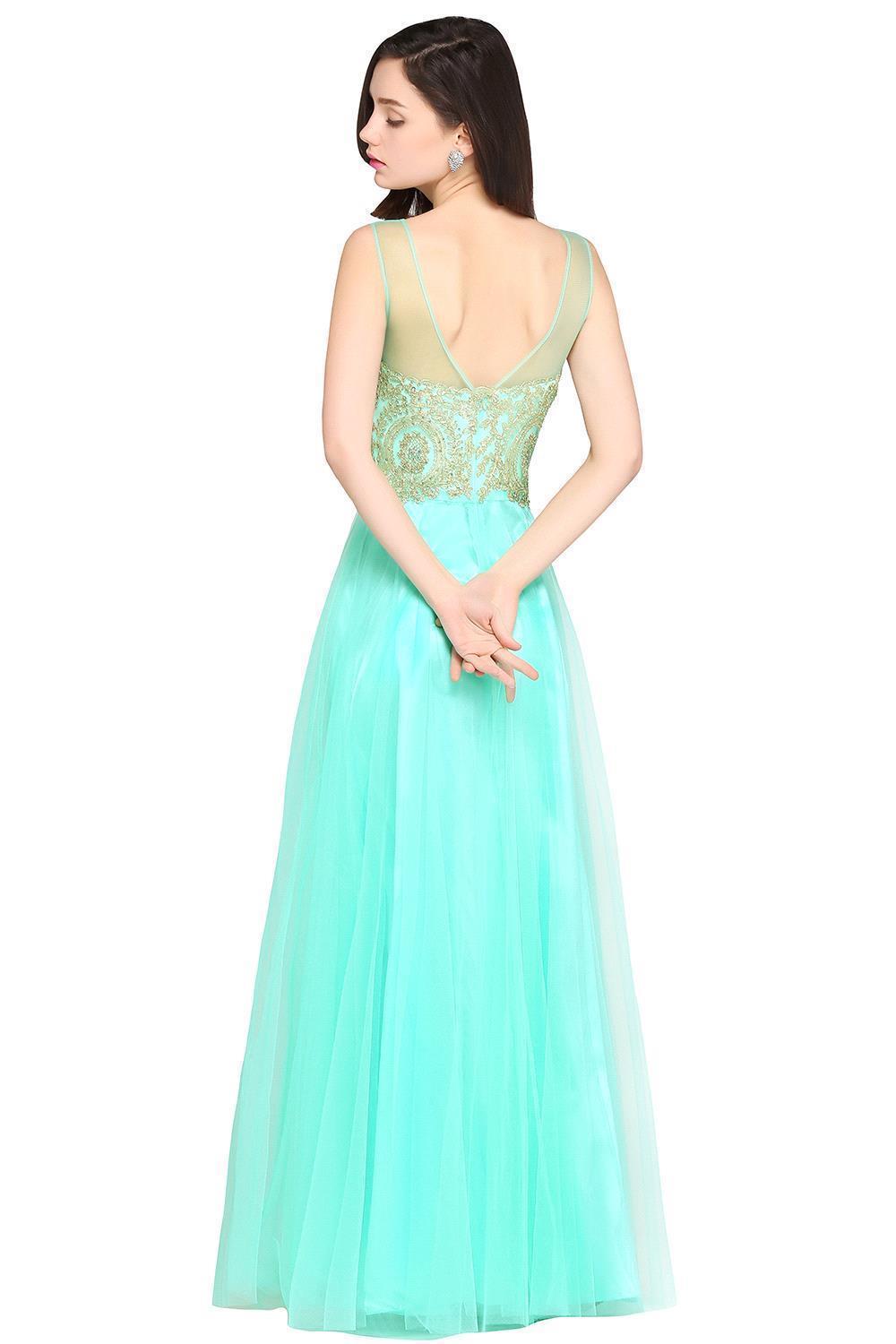 A-line Open Back Sleeveless Appliques Tulle Bridesmaid Dresses