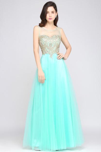 A-line Open Back Sleeveless Appliques Tulle Bridesmaid Dresses