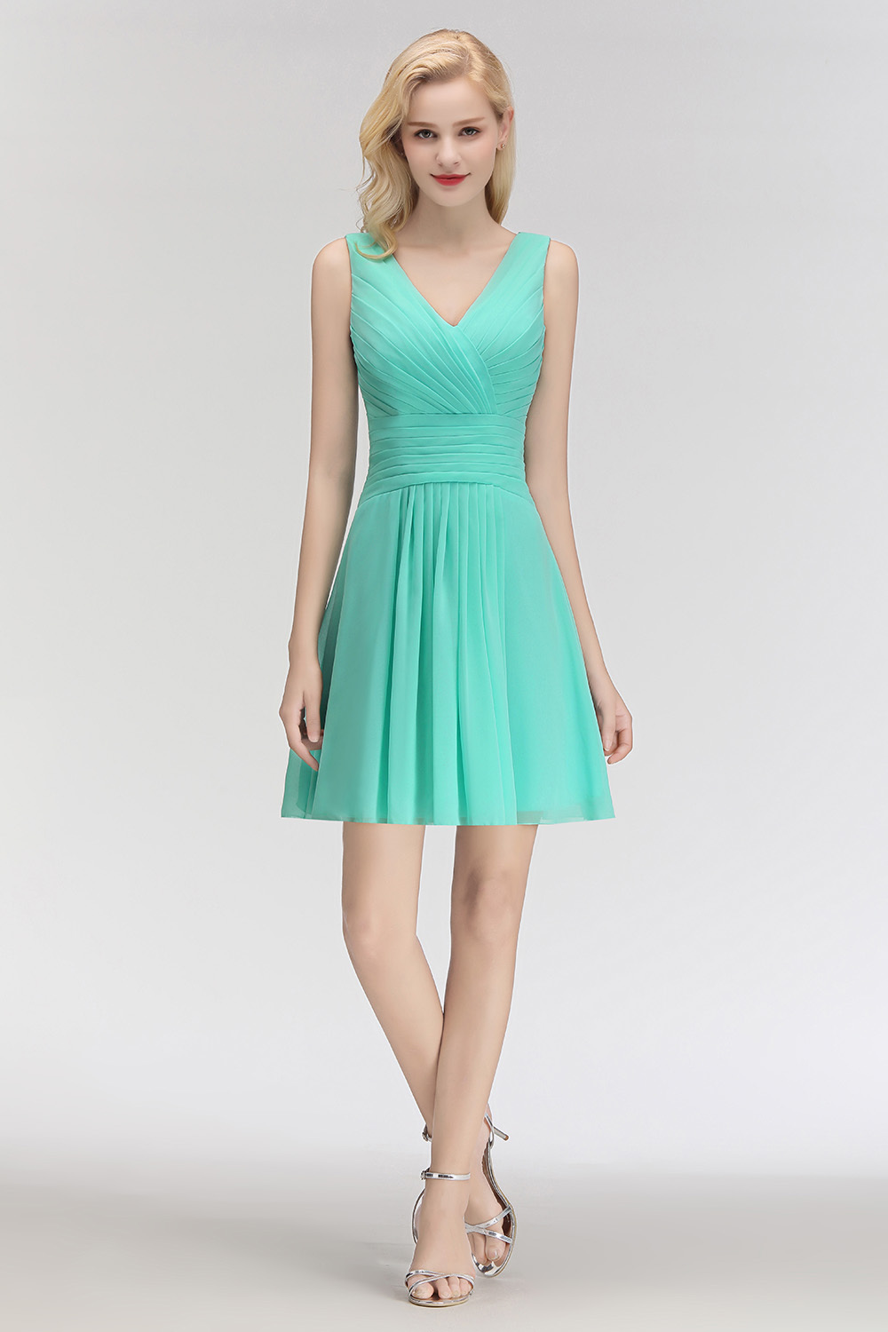 A-line Ruffles Sexy V-Neck Sleeveless Short Bridesmaid Dress