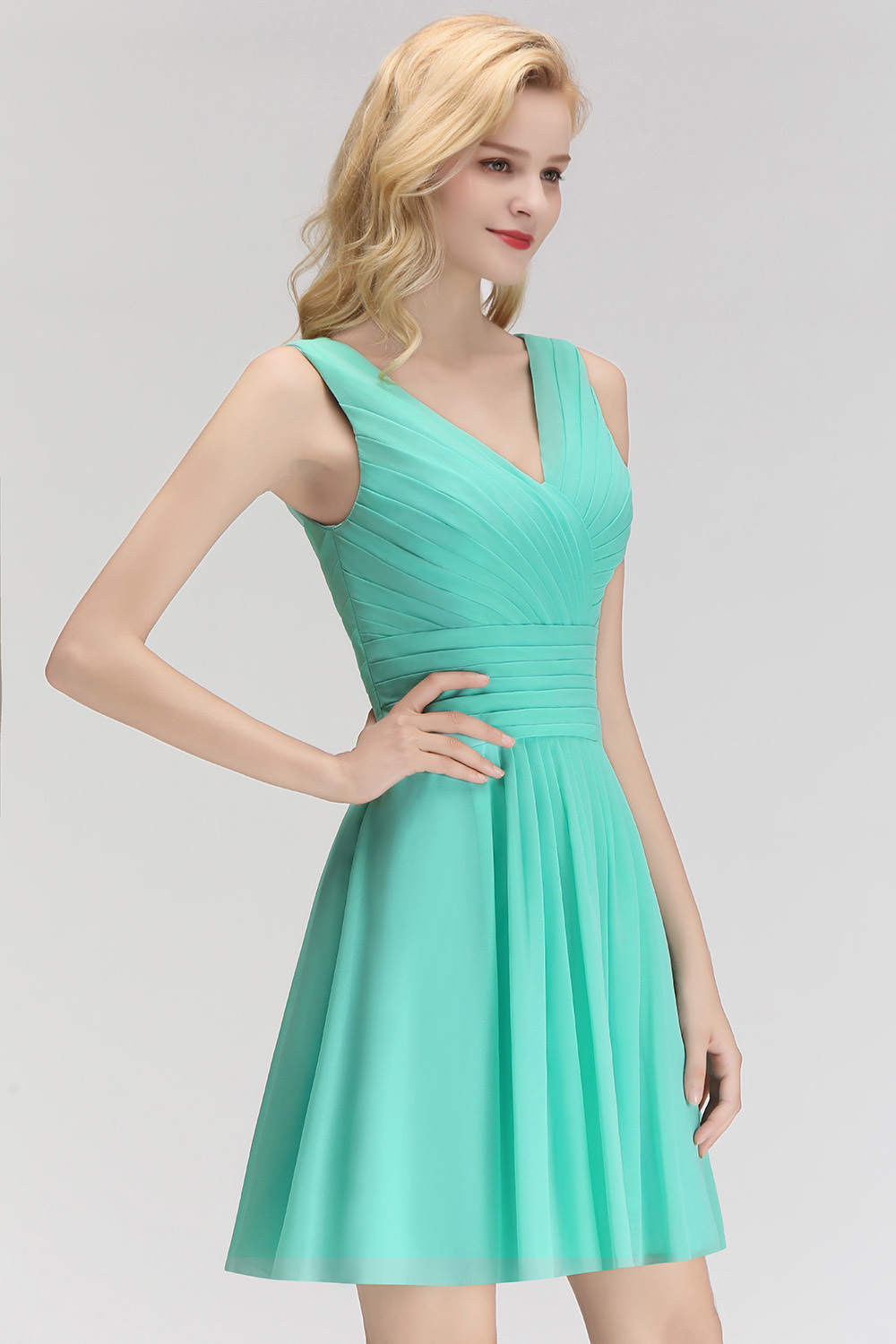 A-line Ruffles Sexy V-Neck Sleeveless Short Bridesmaid Dress