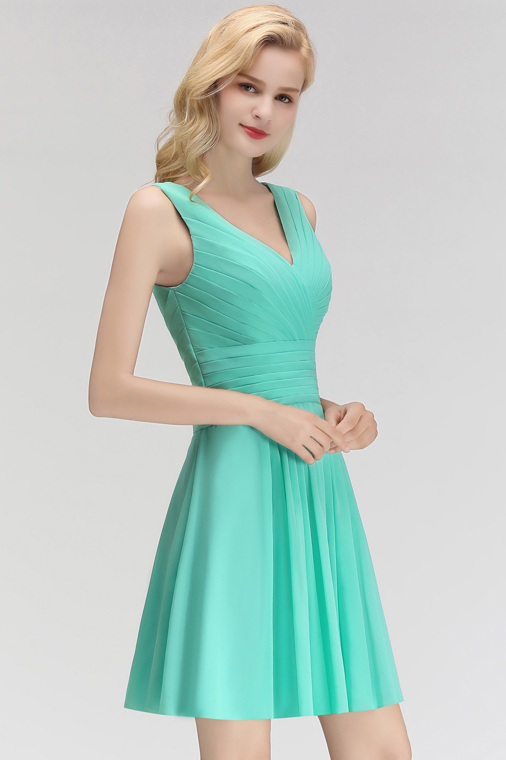 A-line Ruffles Sexy V-Neck Sleeveless Short Bridesmaid Dress