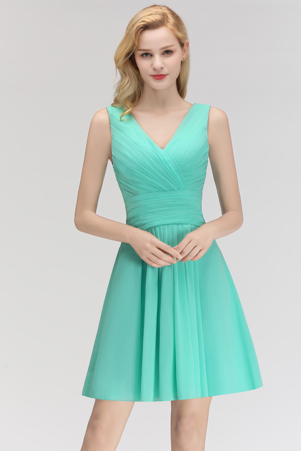 A-line Ruffles Sexy V-Neck Sleeveless Short Bridesmaid Dress