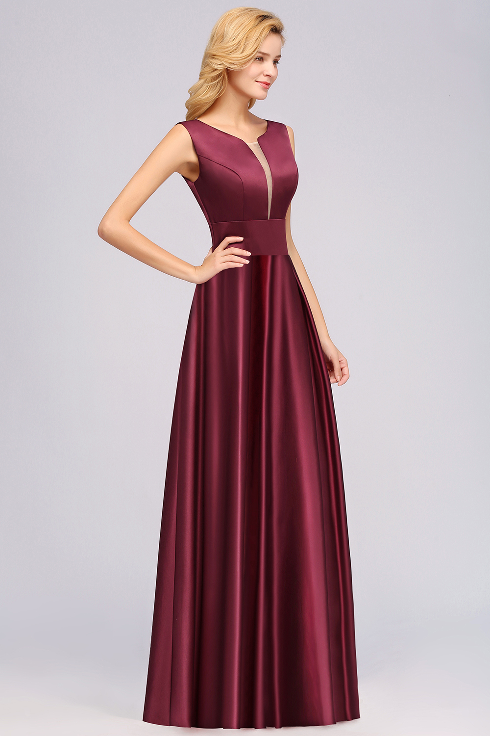 A-line Satin Deep-V-Neck Sleeveless Ruffles Floor-length Bridesmaid Dress