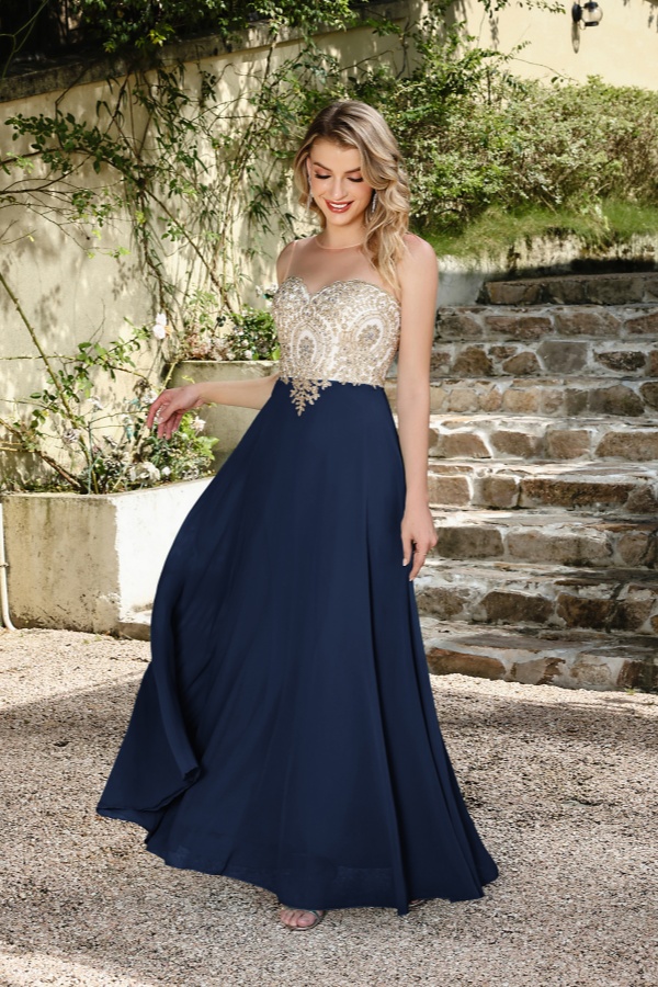 A-line Scoop Dark Navy Chiffon Evening Dresses with Appliques
