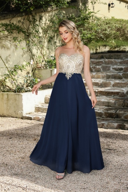 A-line Scoop Dark Navy Chiffon Evening Dresses with Appliques