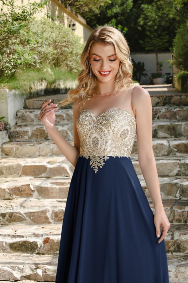 A-line Scoop Dark Navy Chiffon Evening Dresses with Appliques