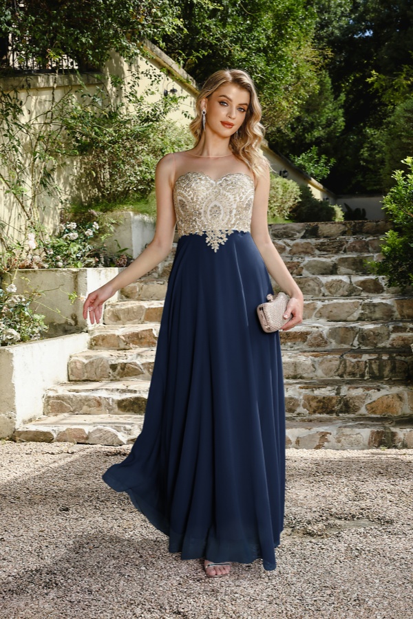 A-line Scoop Dark Navy Chiffon Evening Dresses with Appliques