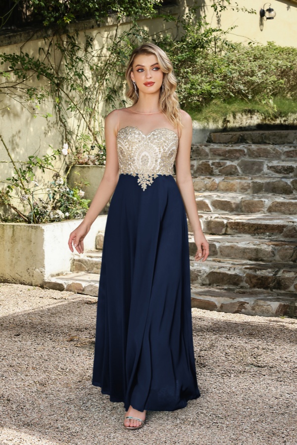 A-line Scoop Dark Navy Chiffon Evening Dresses with Appliques