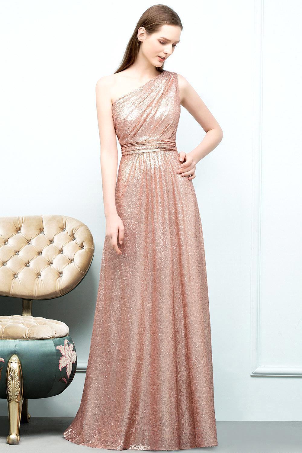 A-line Sequined One-shoulder Sleeveless Floor-Length Bridesmaid Dresses