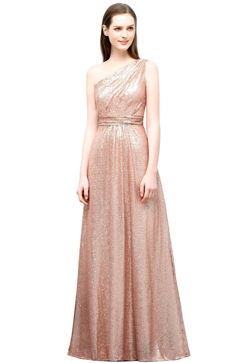 A-line Sequined One-shoulder Sleeveless Floor-Length Bridesmaid Dresses