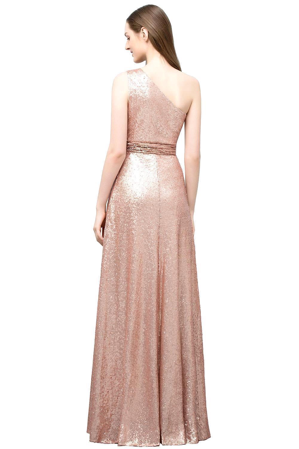 A-line Sequined One-shoulder Sleeveless Floor-Length Bridesmaid Dresses