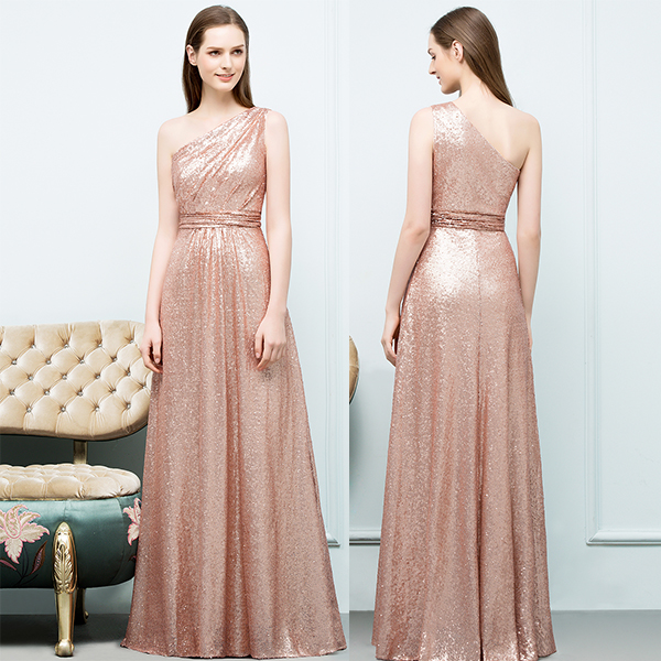 A-line Sequined One-shoulder Sleeveless Floor-Length Bridesmaid Dresses