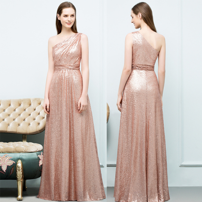 A-line Sequined One-shoulder Sleeveless Floor-Length Bridesmaid Dresses
