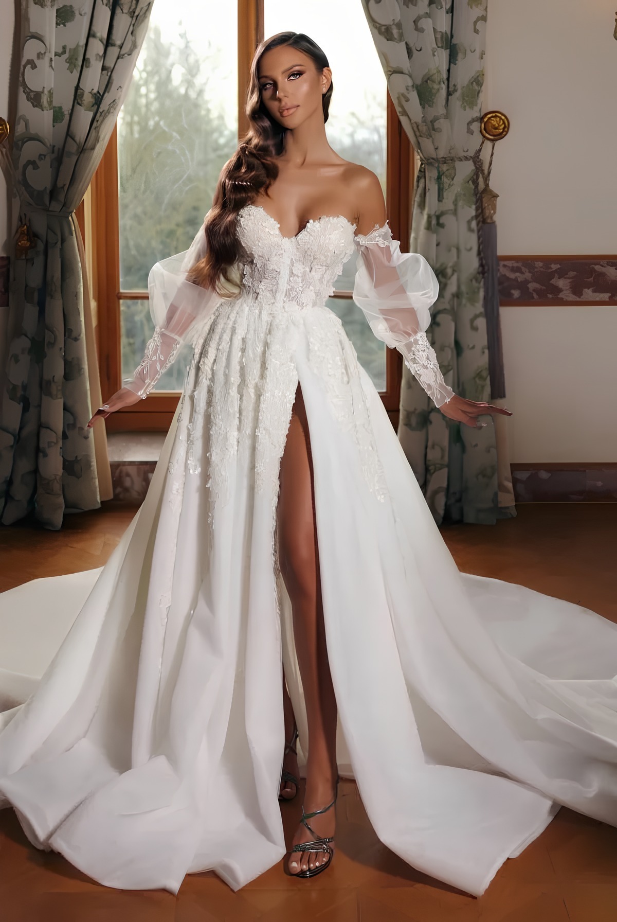 A-line Sweetheart Tulle Bubble Sleeves Appliques Long Wedding Dress with High Split