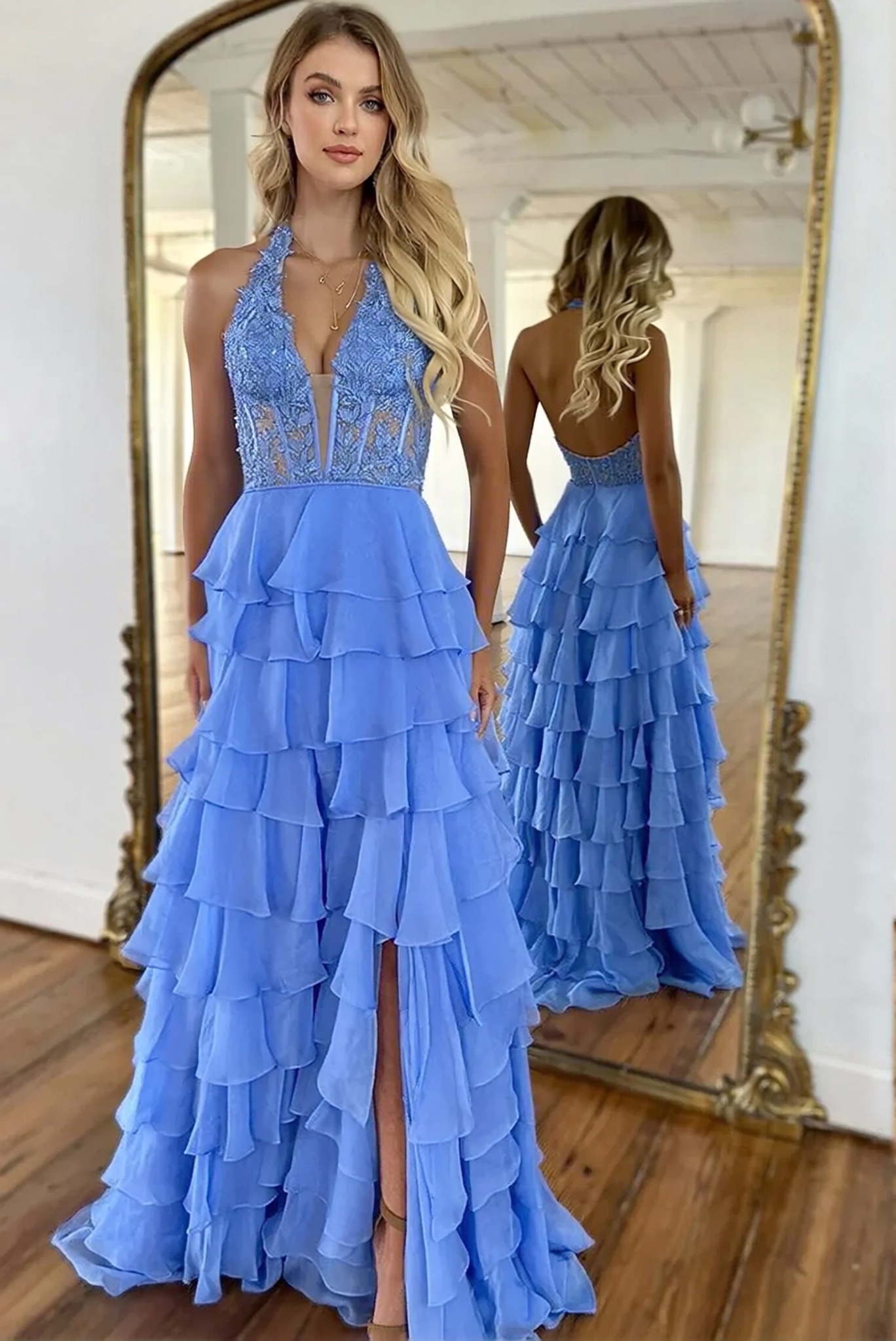 A-line V-neck Chiffon Lace Halter Prom Dress with Slit