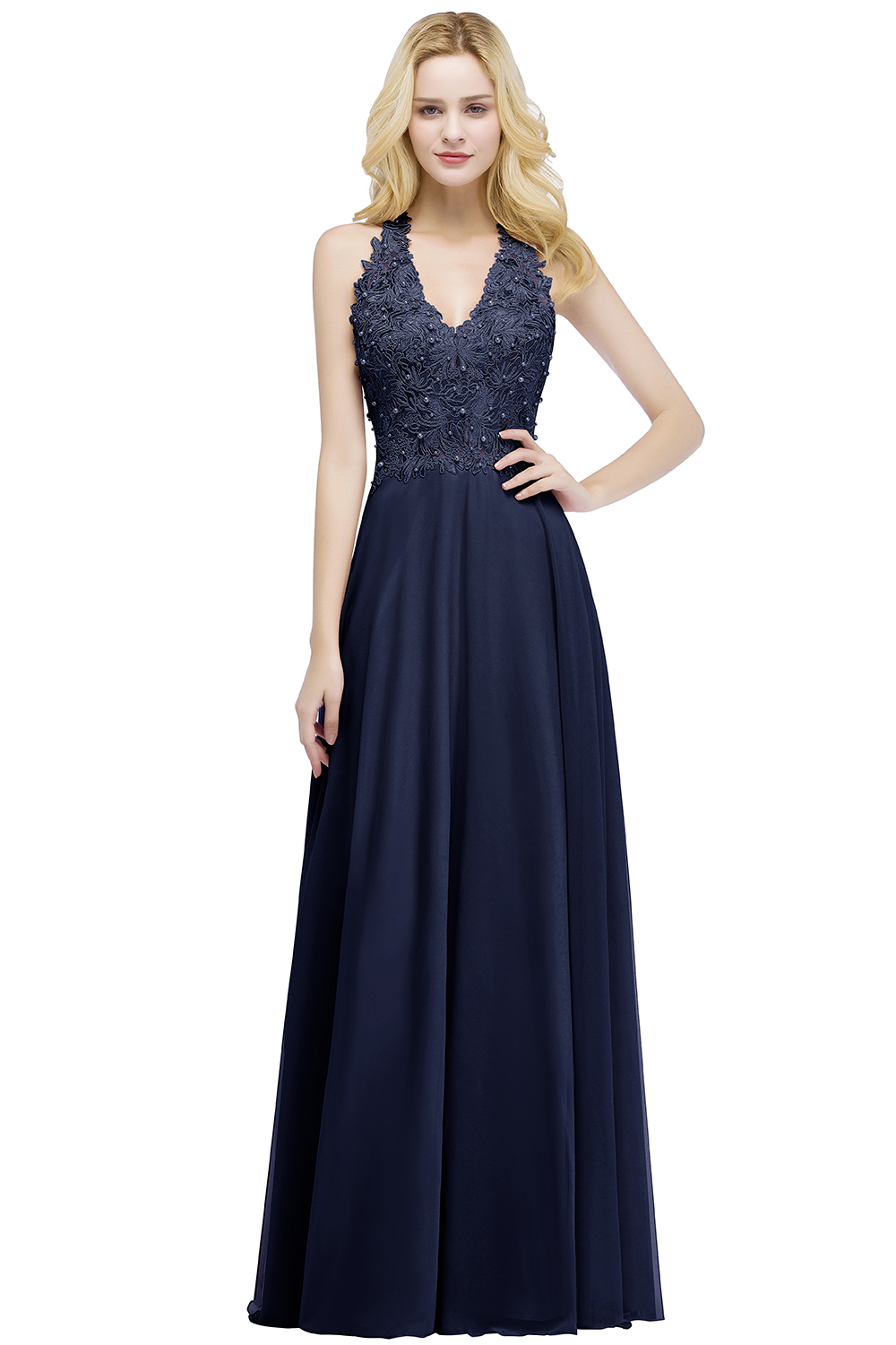 A-line V-neck Sleeveless Long Appliques Chiffon Bridesmaid Dresses