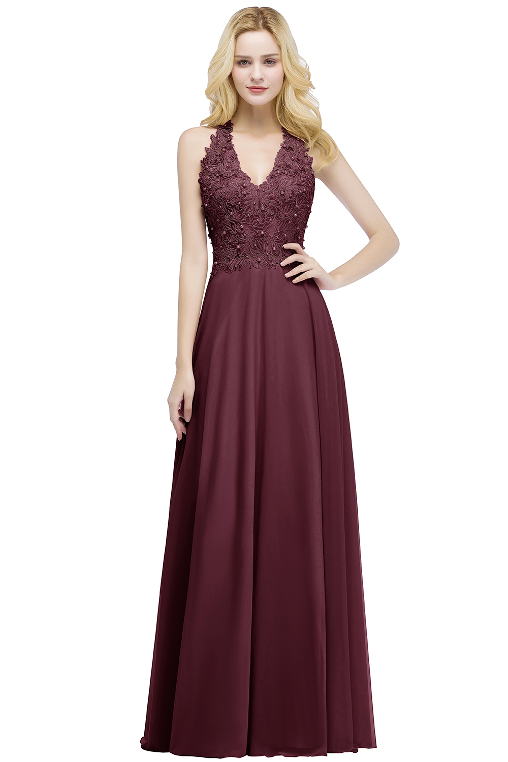A-line V-neck Sleeveless Long Appliques Chiffon Bridesmaid Dresses