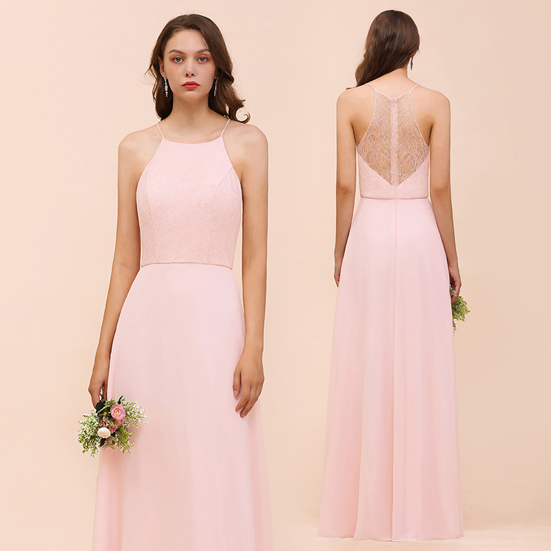 Affordable Long Shealth Spaghetti Straps Chiffon Bridesmaid Dress with Lace