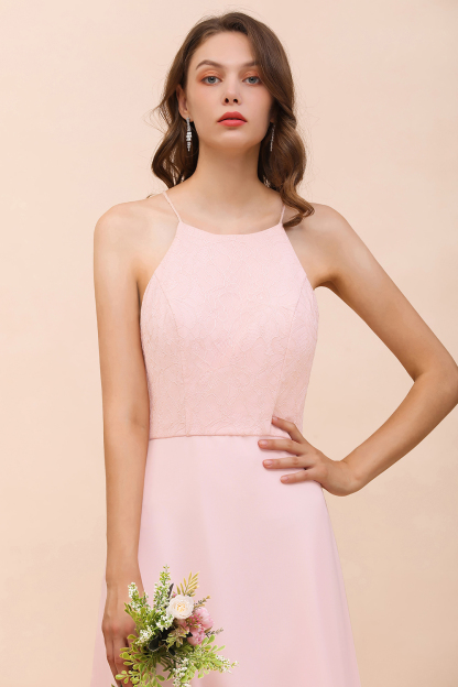 Affordable Long Shealth Spaghetti Straps Chiffon Bridesmaid Dress with Lace