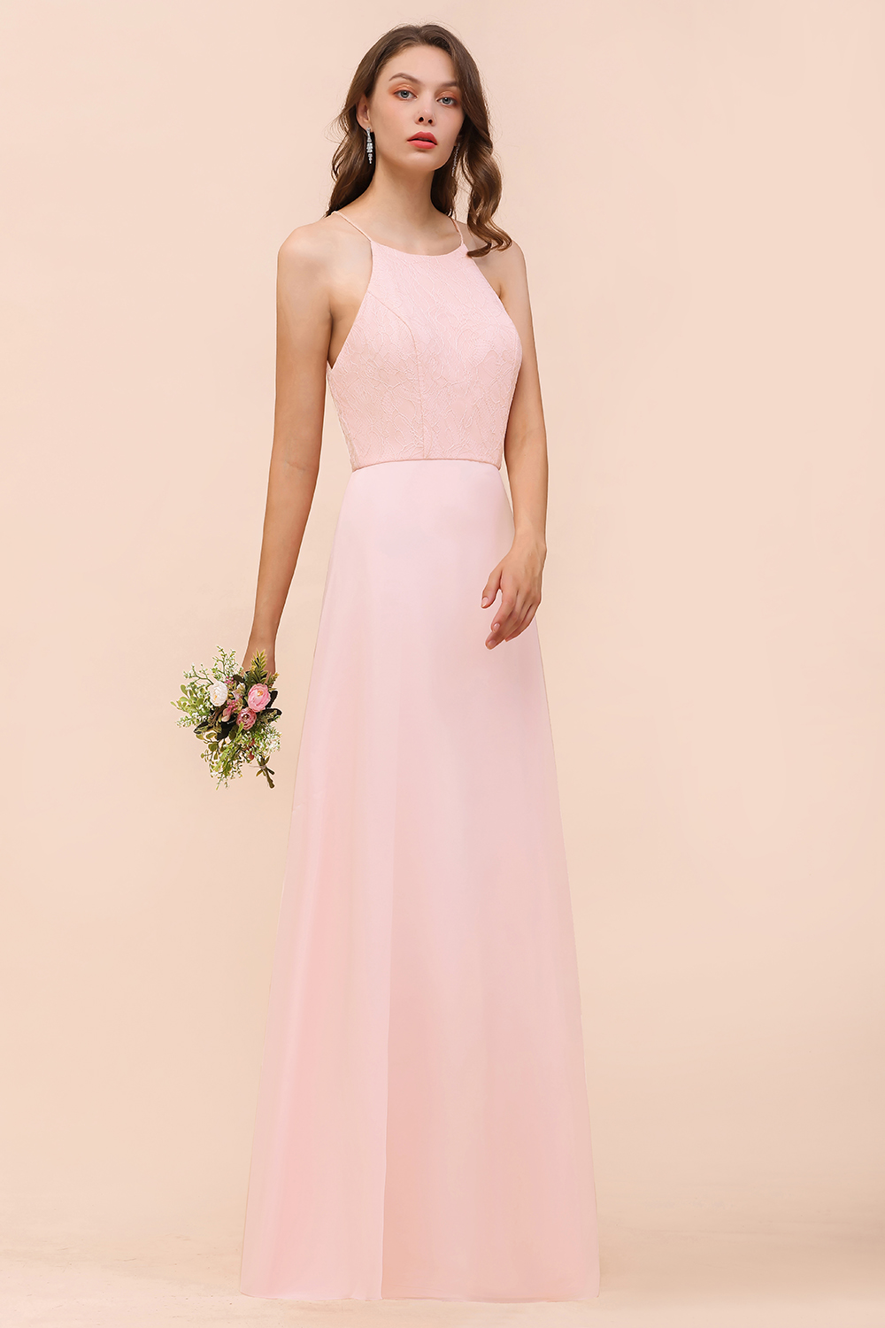 Affordable Long Shealth Spaghetti Straps Chiffon Bridesmaid Dress with Lace