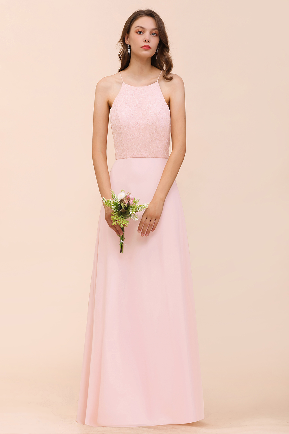 Affordable Long Shealth Spaghetti Straps Chiffon Bridesmaid Dress with Lace