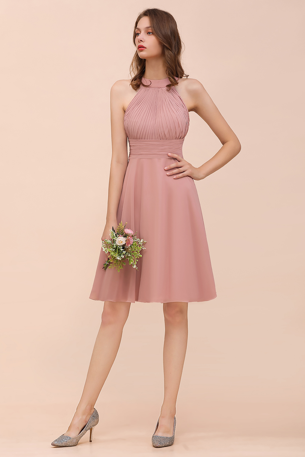 Affordable Short A-line Round Neck Ruffle Chiffon Bridesmaid Dress