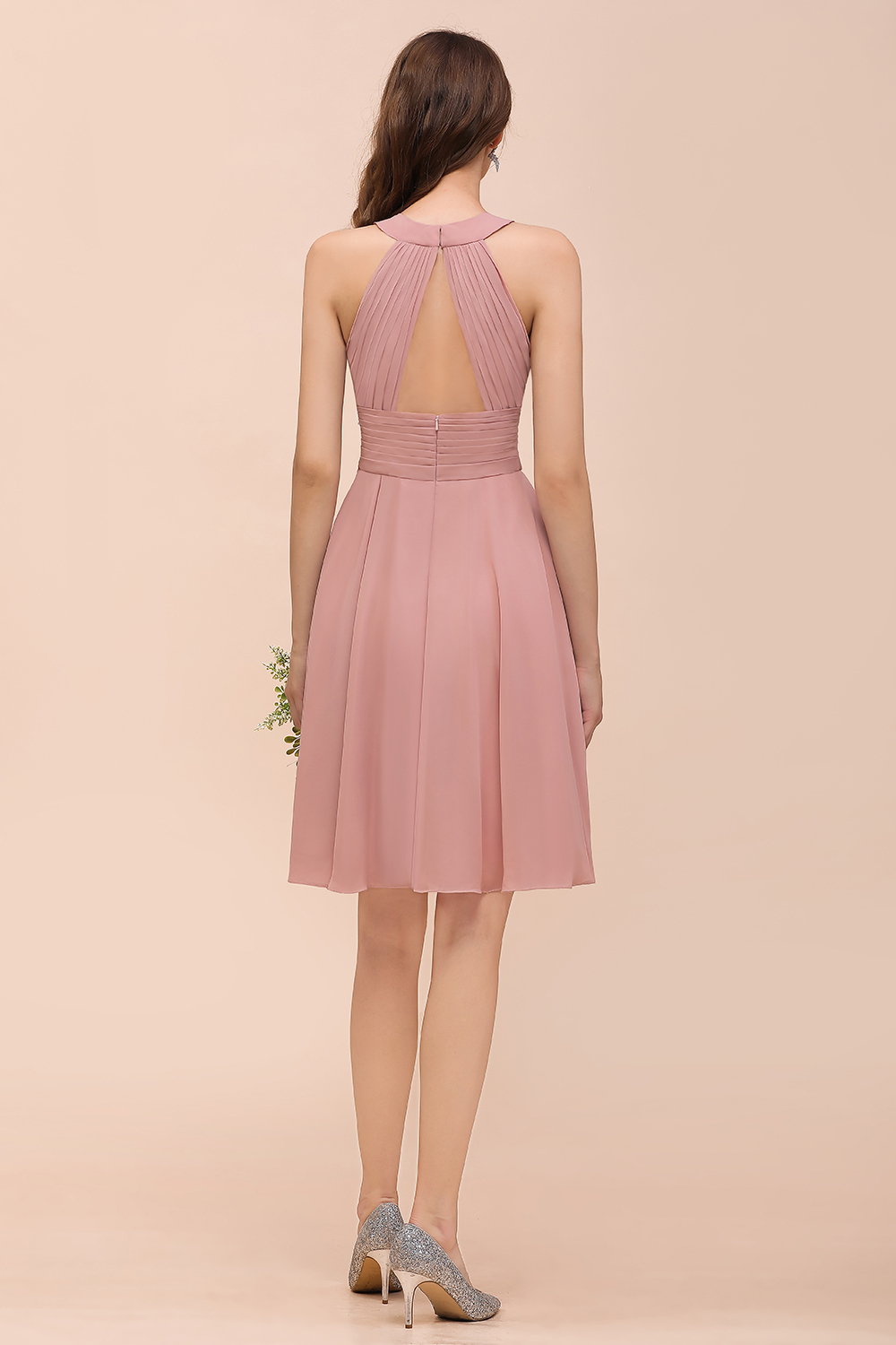 Affordable Short A-line Round Neck Ruffle Chiffon Bridesmaid Dress