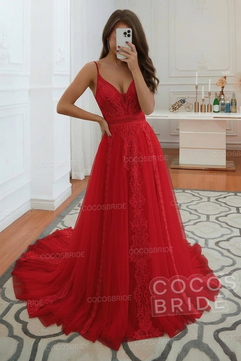 Long A-line Ruffles Open Back Tulle Lace Wedding Dress