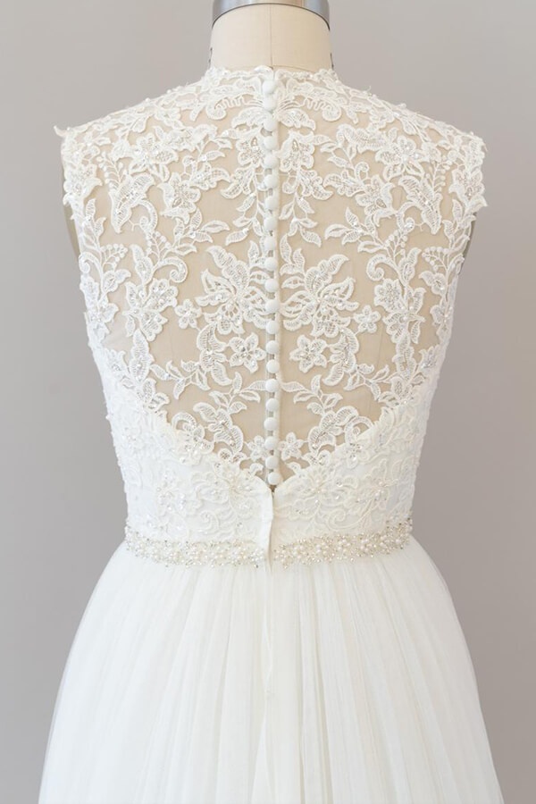 Amazing Long Beading Lace Tulle A-line Backless Wedding Dress