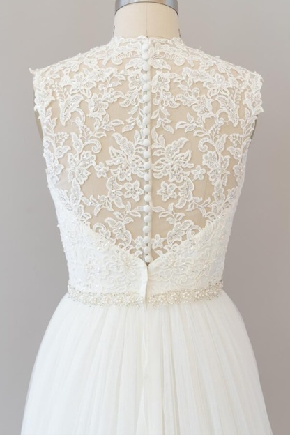 Amazing Long Beading Lace Tulle A-line Backless Wedding Dress