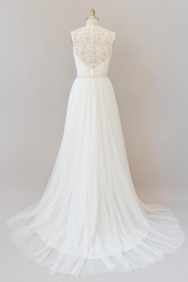 Amazing Long Beading Lace Tulle A-line Backless Wedding Dress