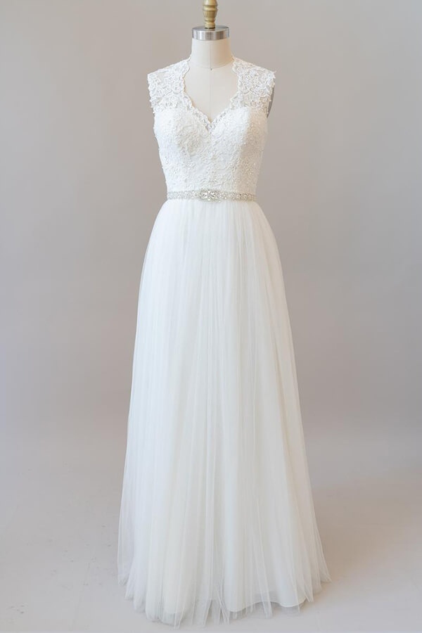 Amazing Long Beading Lace Tulle A-line Backless Wedding Dress