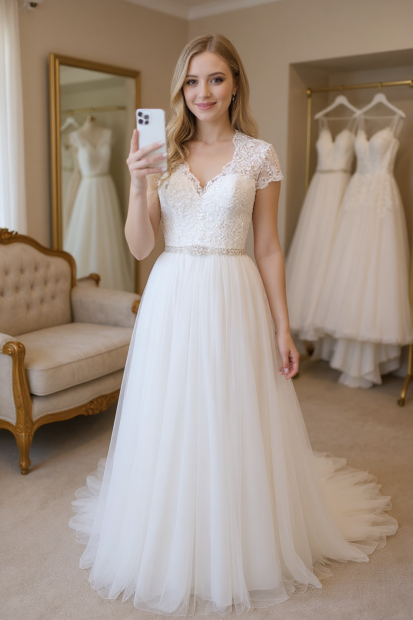 Amazing Long Beading Lace Tulle A-line Backless Wedding Dress