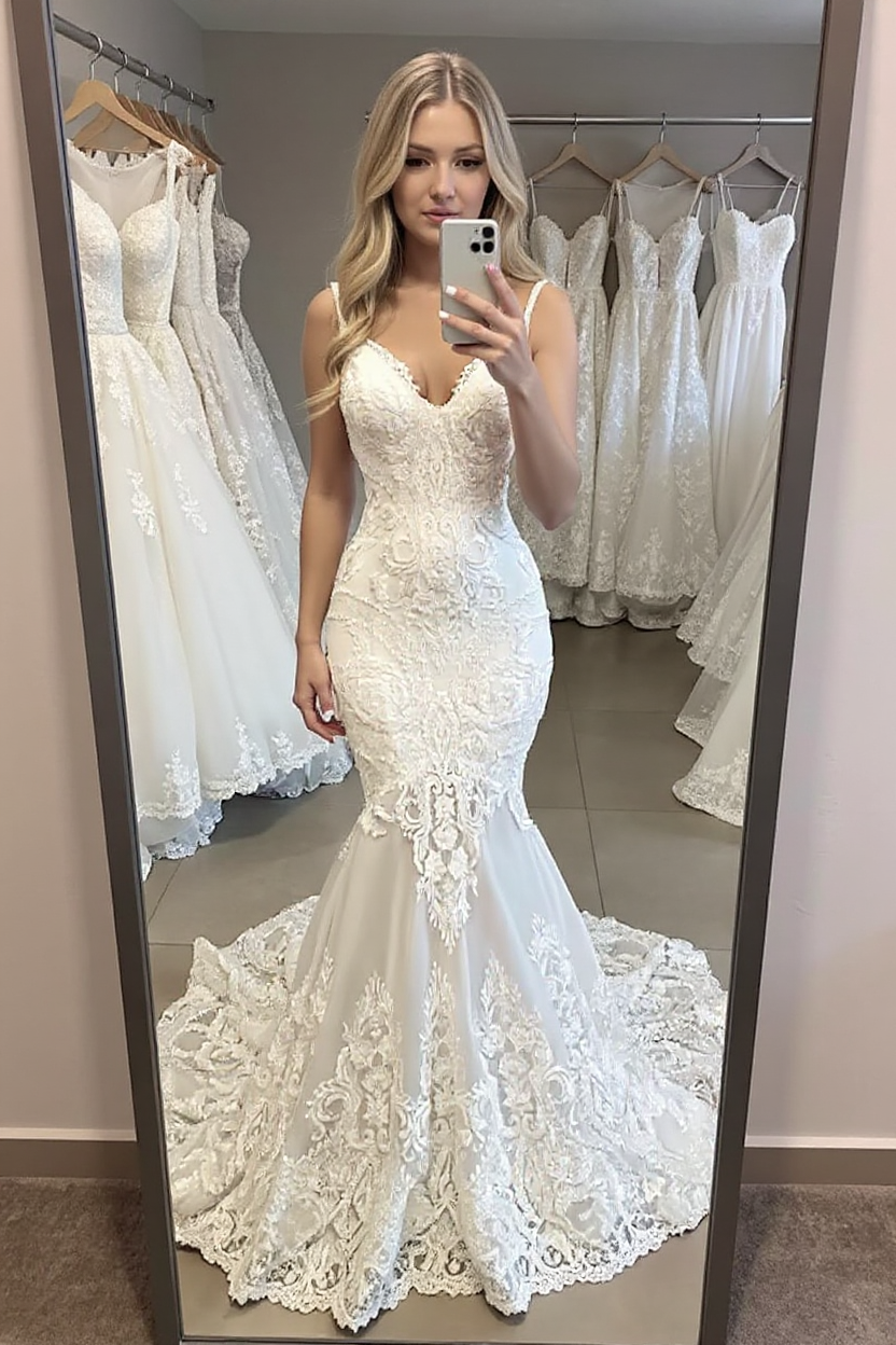 Elegant Long Sweetheart Open Back Appliques Lace Tulle Mermaid Wedding Dress