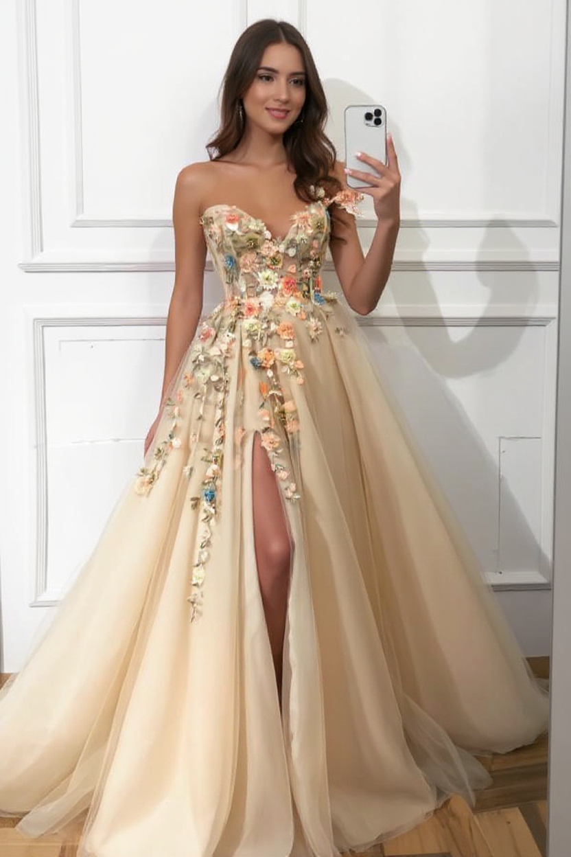 Long A-line One Shoulder Tulle Flower Prom Dress with Slit