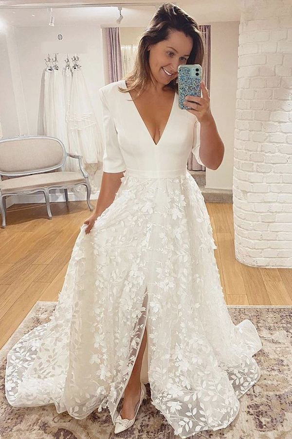 White Long V-neck Lace A-line Side Split Wedding Dresses with Sleeves