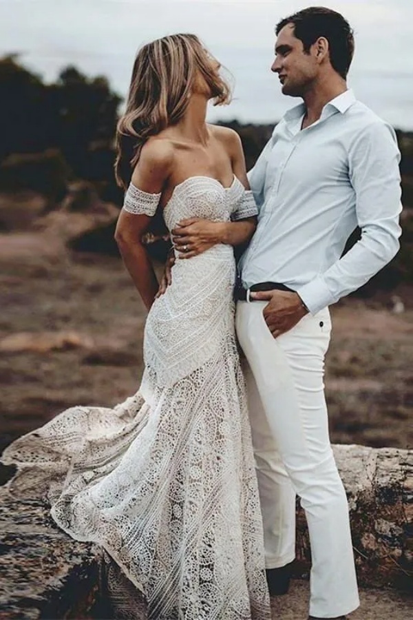 Beach Long Mermaid Sweetheart Lace Boho Wedding Dresses