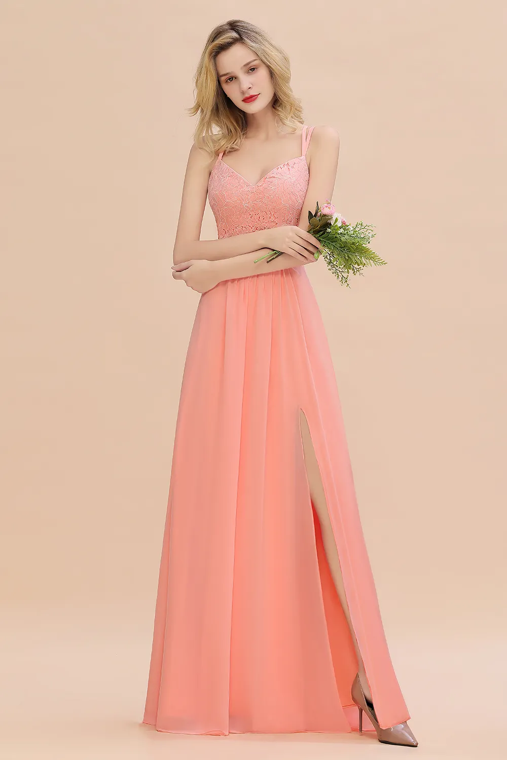 Beautiful A-Line Chiffon Spaghetti Straps Sweetheart Floor Length Split Bridesmaid Dress