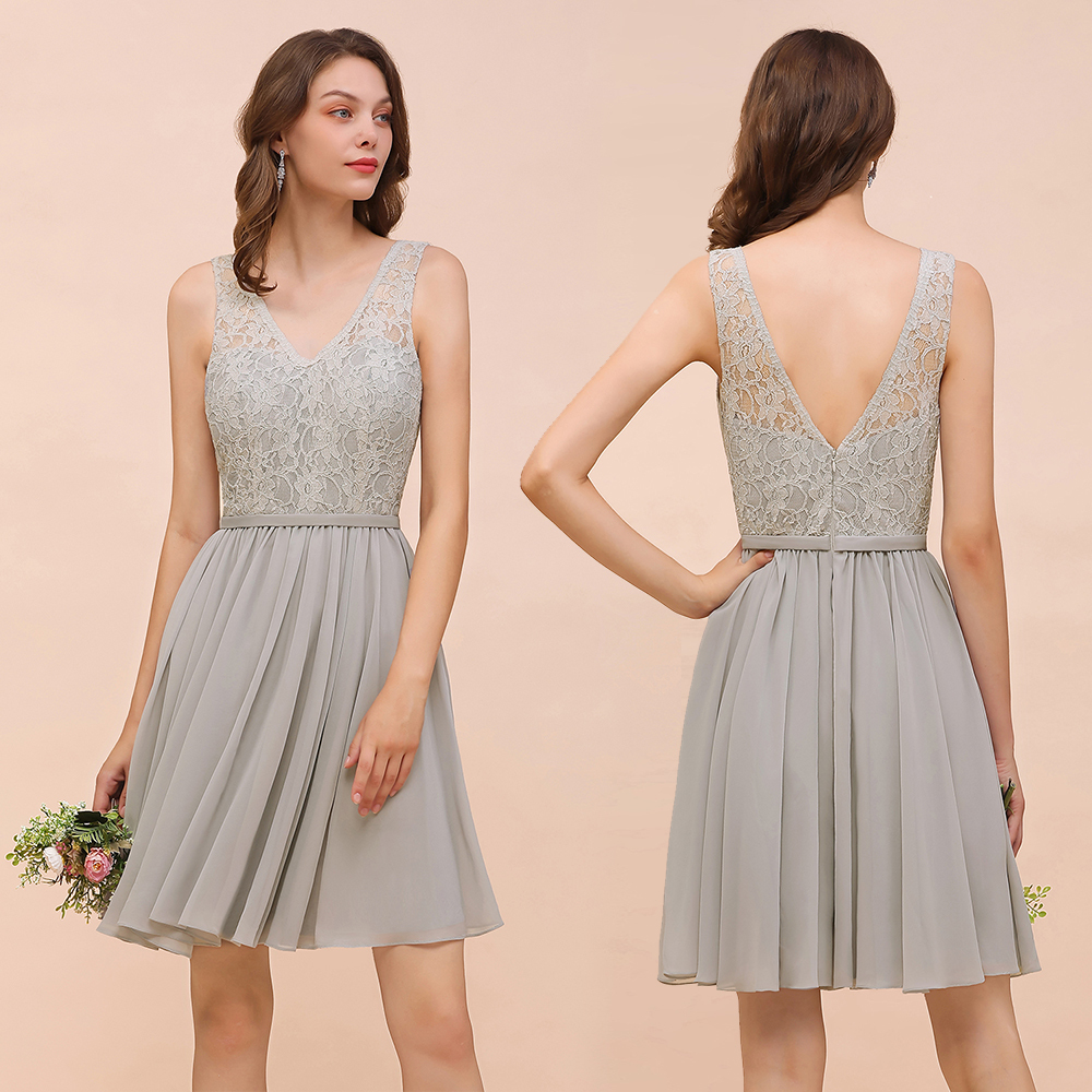 Beautiful Appliques Lace V-neck Wide Straps Short Chiffon A-Line Bridesmaid Dress