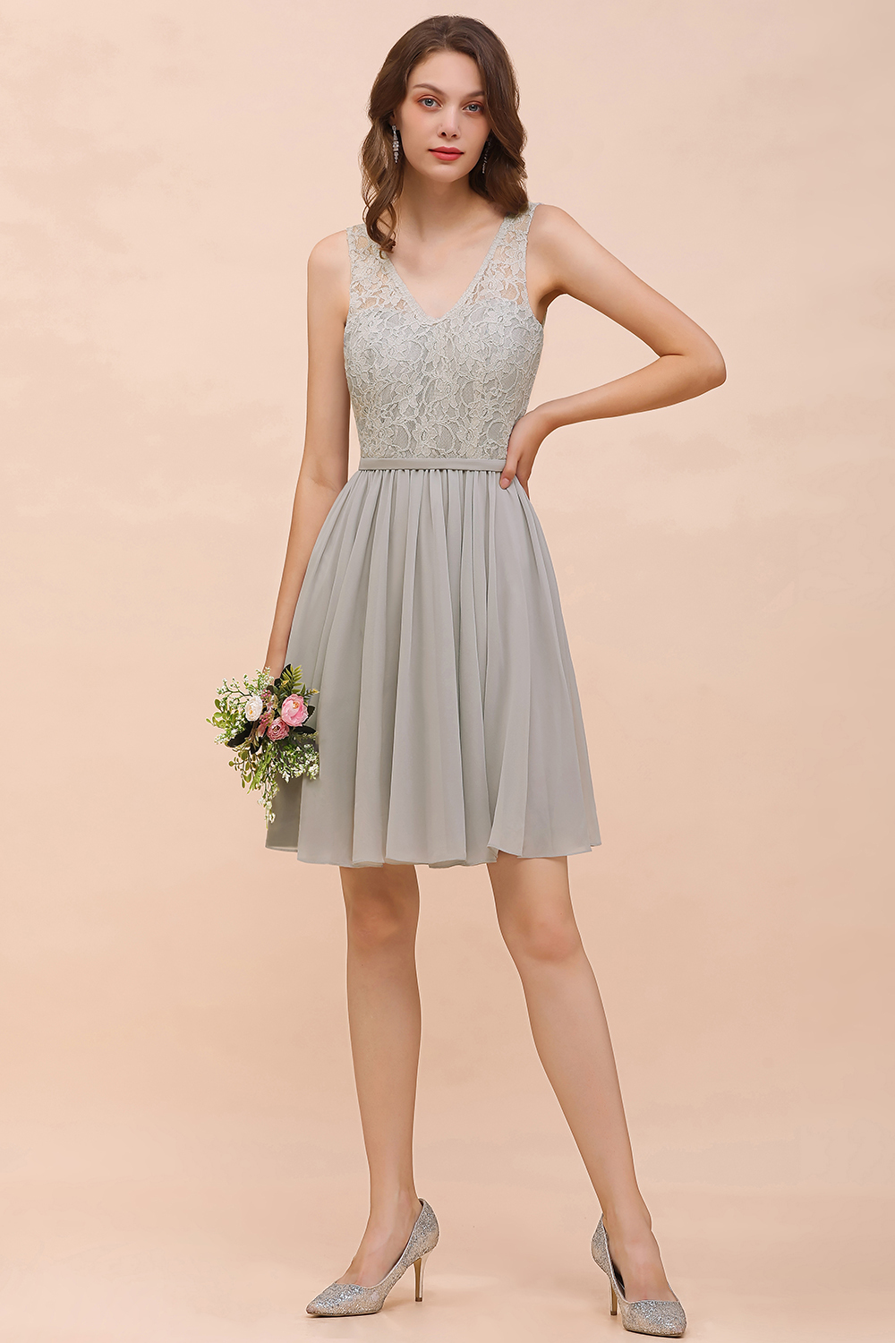 Beautiful Appliques Lace V-neck Wide Straps Short Chiffon A-Line Bridesmaid Dress